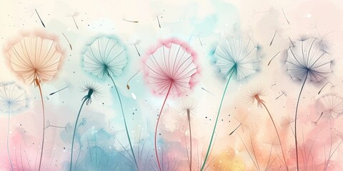 A serene collection of dandelion heads in muted watercolor tones, designed for planners and greeting cards.