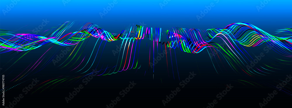 Poster futuristic rainbow particle wave. abstract technology background. big data visualization. 3d renderi
