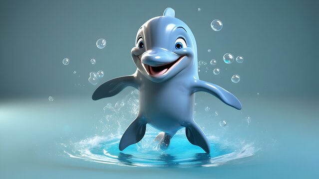 A silly dolphin with a round body, exaggerated flippers, and a permanent goofy grin. He’s constantly in motion, spinning in circles or doing funny flips, leaving trails of bubbles in his wake.