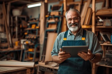 Fototapeta premium Carpenter man standing in his workshop adult concentration entrepreneur.