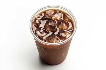 Takeaway plastic cup with iced cold coffee drink isolated on white background, Top view , ai