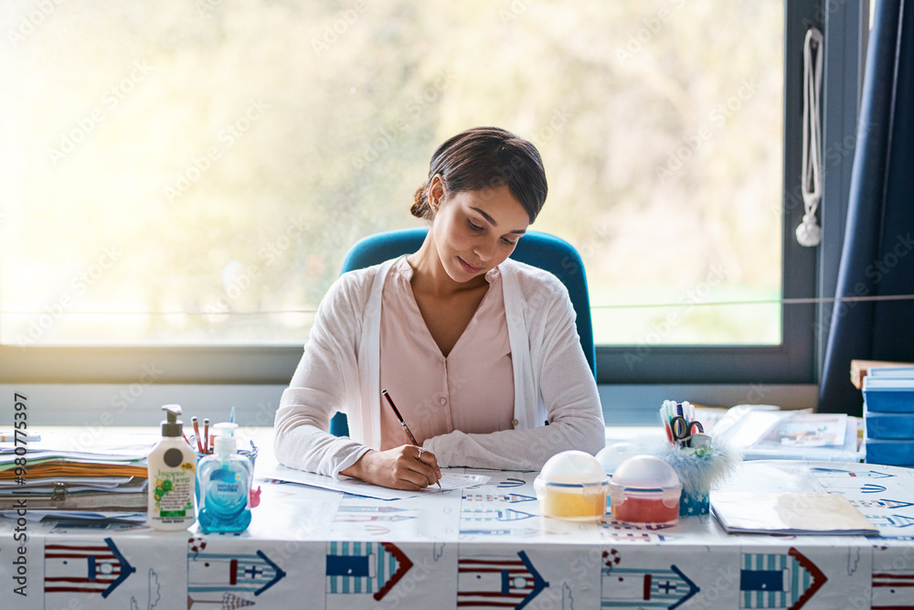 Poster woman, educator and writing in classroom for student exercise, test and assessment for brain develop