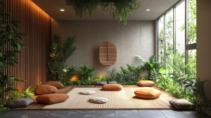 biophilic therapy room, using wood and greenery in a therapy room design creates a calm and serene atmosphere, enhancing the overall group therapy experience