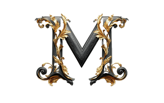 Gothic style font letter M logo isolated on white or transparent background