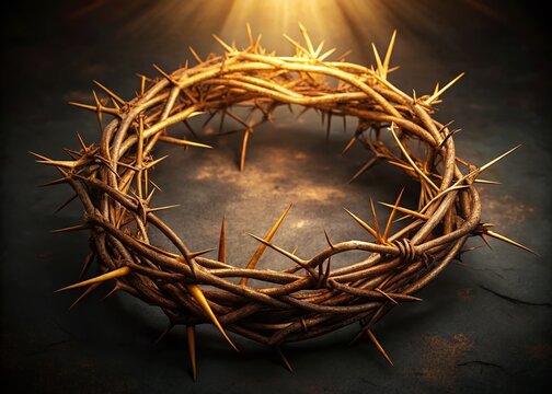 A intricately woven circle of twisted thorns and vines, symbolizing sacrifice and pain, set against a dark, muted