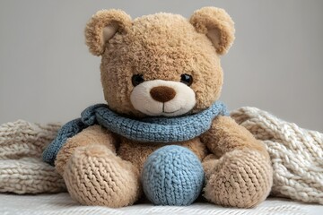 a teddy bear with a scarf and a ball

