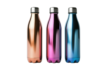 Gradient metallic water bottle isolated on white or transparent background