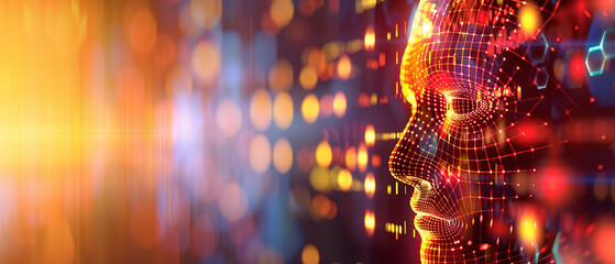Abstract digital profile in glowing grid pattern and bokeh background with data visualization representing artificial intelligence and machine learning