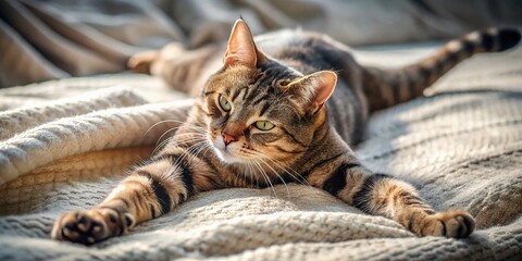 Obraz premium A languid feline arches its sleek body, extending claws and flexing muscles, as it indulges in a languorous