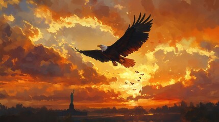 Majestic Eagle Soaring Against Vibrant Sunset Sky