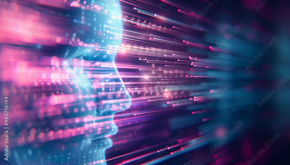 Wall mural abstract digital art depicting a futuristic human face composed of light trails and binary code, rep