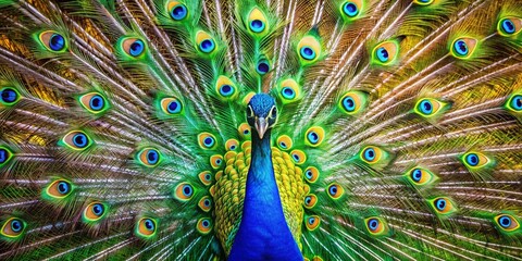 A large, majestic peacock proudly displays its vibrant plumage, showcasing intricate feathers in shades of blue, green,