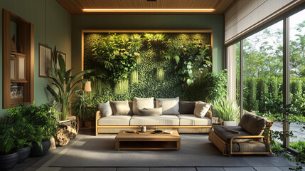 A modern living room designed with biophilic principles, featuring a green wall filled with plants, bamboo furniture, and natural textures like stone and wood. 