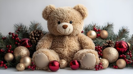 a teddy bear sitting next to pine cones and ornaments

