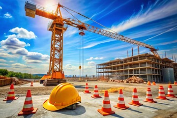 A large construction crane stands idle on a sunny day, surrounded by safety cones, hard hats, and harnesses,