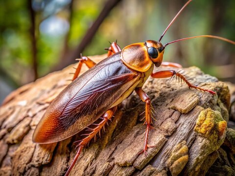 A large American cockroach, Periplaneta americana, perches on a tree trunk, showcasing its shiny brown exoskeleton, six