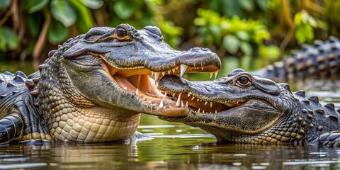 Fototapeta premium A large male American alligator grasps a smaller female's snout, their bodies entwined in a murky swamp, as