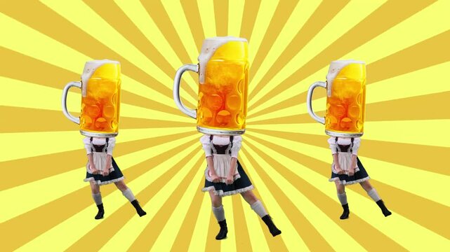 Woman in traditional Bavarian clothes with beer glasses as head dancing against radiant yellow background. Stop motion, animation. Concept of Oktoberfest, beer festival, traditions.