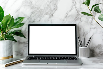 Photo of a laptop with a blank screen on a marble desk, surrounded by office supplies and plants. Created with Ai