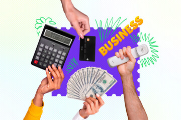 Composite trend artwork 3D sketch image photo collage of business multitasking hands hold money...
