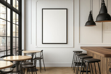 Blank Indoor Billboard in a Bright Caf&eacute; with Black Metal Furniture - Created with AI
