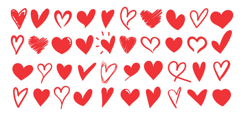 Set of different shaped red heart icons. Hand drawn vector hearts. Red heart love symbols isolated on white background