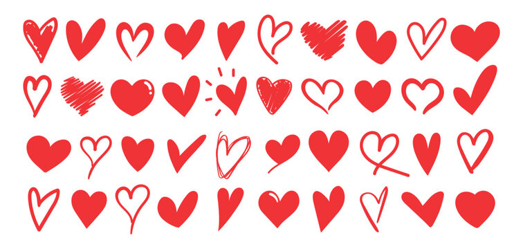 Set of different shaped red heart icons. Hand drawn vector hearts. Red heart love symbols isolated on white background