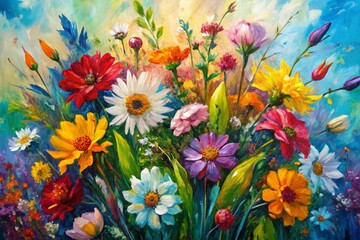 Obraz premium Vibrant, expressive, and highly textured abstract floral artwork featuring bold brushstrokes, palette knife strokes, and mixed media on canvas, evoking a sense of spring's beauty.