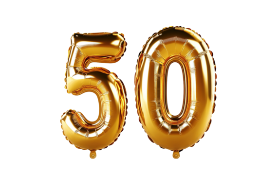 Golden number fifty metallic isolated on white or transparent background