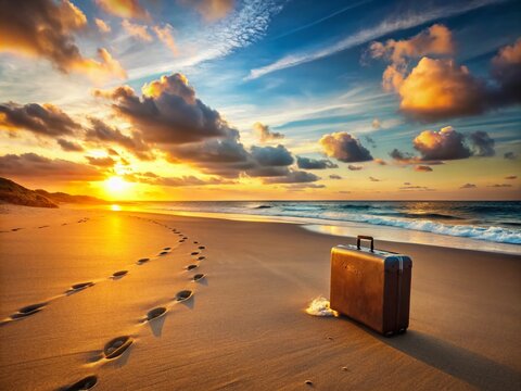 A lone suitcase stands on a deserted beach at sunset, surrounded by footprints leading away, symbolizing departure,