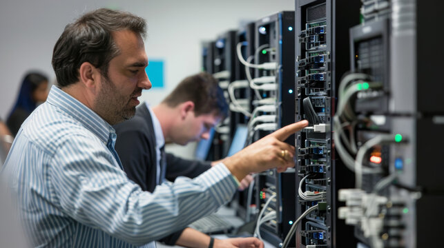 Hands on training session in classroom environment with professionals working on server equipment.