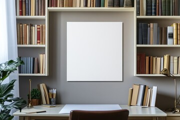 A stylish office setup featuring a blank white canvas on the wall, surrounded by shelves filled with books and a tidy desk equipped with pens, plants, and a reading lamp