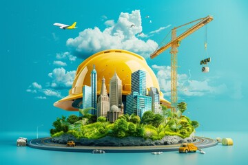 A vibrant construction scene showcasing a city skyline surrounded by nature with a giant hard hat and crane against a bright blue sky