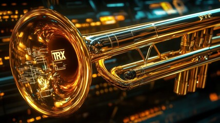 Fototapeta premium Cyberpunk image of a shiny gold trombone labeled trx, which generates digital tokens.