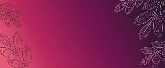 Gradient background with branches of leaves. Minimalism background with leaves in line style. Vertical gradient banner with copy space