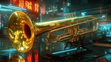 Cyberpunk image of a shiny gold trombone labeled trx, which generates digital tokens.