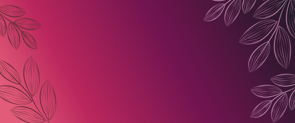 Gradient background with branches of leaves. Minimalism background with leaves in line style. Vertical gradient banner with copy space