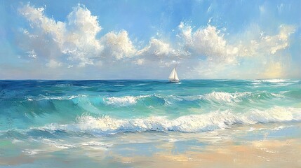 Serene Coastal Landscape with Sailboat and Gentle Waves