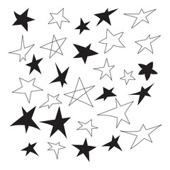 Set of hand drawn stars. Black stars. Outline and silhouette of stars. Doodle stars