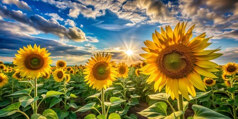 Fototapeta premium Vibrant yellow sunflowers sway gently in a lush green field, bathed in warm morning light, under a brilliant blue sky with fluffy white clouds.