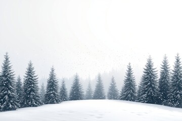 A snowy landscape with many pine trees covered in snow background outdoors scenery.