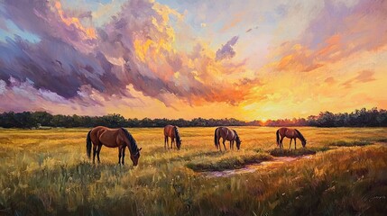 Serene Sunset with Grazing Horses in a Meadow