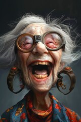 An elderly woman with wild white hair and oversized glasses laughing joyfully in a colorful outfit against a dark backdrop