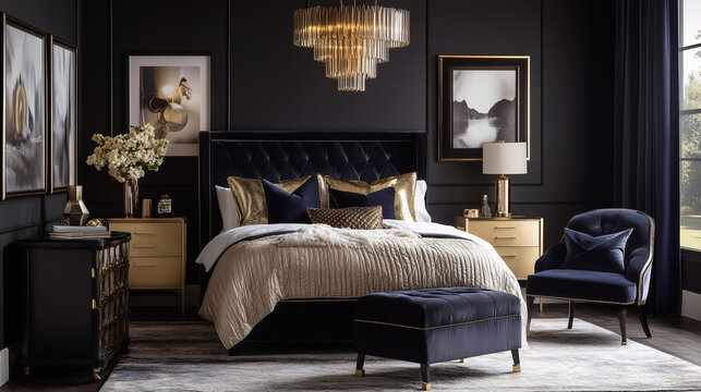 A moody, sophisticated bedroom featuring deep, rich tones, velvet textures, gold accents, and dramatic lighting for a high-fashion vibe
