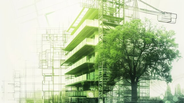 Ilustraci&oacute;n conceptual de un edificio ecol&oacute;gico, de color verde, con materiales sostenibles como madera y vidrio, rodeado de &aacute;rboles o plantas.