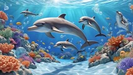 Fototapeta premium dolphins are closer to the foreground, showing off their playful expressions and interactions, while others are further back, swimming among the coral reefs.