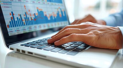 Hands of a businessman on a laptop keyboard with digital financial data and upward trend graphs overlay