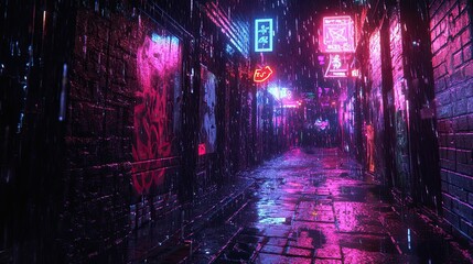 Neon Alley at Night &ndash; Rainy Urban Scene