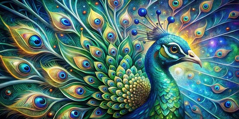 Obraz premium Vibrant abstract peacock portrait collage featuring swirling feathers, iridescent blues and greens, and futuristic geometric shapes, blending organic and digital elements seamlessly.