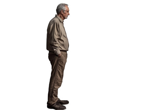 Pensioner in trousers and shirt standing with copy space mockup side view on transparent background